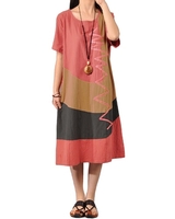 Femmes Coton Robe Vintage Contraste O Neck Manches Courtes