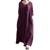 Femmes décontracté solide col en V coton robe ample rétro Boho robe