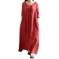 Femmes décontracté solide col en V coton robe ample rétro Boho robe