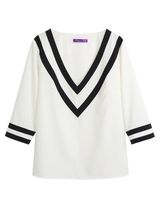 Femmes Deep V Neck Blouses 3/4 Sleeves Color Block Striped Sexy Loose Casual Shirts Blusas Pullover Top