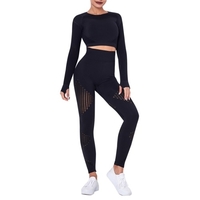 Femmes deux pièces Yoga Set Crop manches longues taille haute moulante évider rayé haut de sport Leggings entraînement Fitness tenue