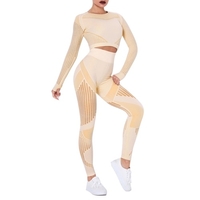 Femmes deux pièces Yoga Set Crop manches longues taille haute moulante évider rayé haut de sport Leggings entraînement Fitness tenue