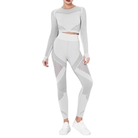Femmes deux pièces Yoga Set Crop manches longues taille haute moulante évider rayé haut de sport Leggings entraînement Fitness tenue