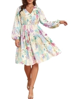 Femmes grande taille robe à manches longues col en V Floral imprimé tenue décontractée