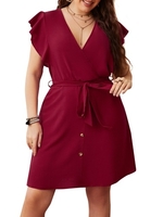 Femmes grande taille robe col en V à manches courtes taille haute ceinturé décontracté Mini robe