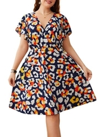 Femmes grande taille robe imprimée à manches courtes taille élastique robe décontractée