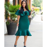 Femmes hors épaule robe 3D Rose Peplum Hem Slash Neck Nightclub partie moulante Slim Midi robe vert / rouge