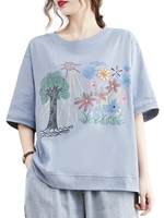 Femmes lâche T-shirts demi manches Floral imprimé O cou T-shirts décontractés