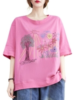 Femmes lâche T-shirts demi manches Floral imprimé O cou T-shirts décontractés