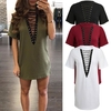 Femmes Mini-robe à lacets creux évasé V manches courtes T-shirt à manches longues Plus Size Casual Dress Vestidos