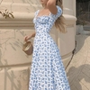 Femmes robe mi-longue imprimé floral manches bouffantes col carré devant cordon de serrage haute fente sexy robe moulante pour fête à la plage