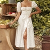 Femmes robe mi-longue imprimé floral manches bouffantes col carré devant cordon de serrage haute fente sexy robe moulante pour fête à la plage