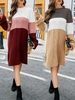 Femmes robe tricotée à manches longues épissage lâche tenue décontractée