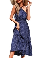 Femmes sans manches à pois robe cou monté taille haute volants tenue décontractée
