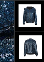 Femmes Sequin Manteau Bomber Veste à Manches Longues Zipper Streetwear Casual Lâche Glitter Survêtement Bleu