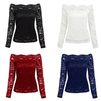 Femmes sexy évider dentelle Blouse hors épaule Slash Neck manches longues élégantes dames Top Shirt