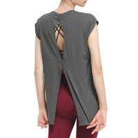 Femmes Sport T-Shirt évider fendu dos O cou à manches courtes gilet à séchage rapide course Fitness Yoga hauts amples