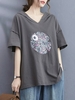 Femmes T-shirt ample à capuche col en V demi manches Vintage imprimé t-shirts