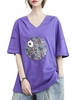 Femmes T-shirt ample à capuche col en V demi manches Vintage imprimé t-shirts