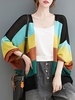 Femmes tricoté Cardigan ouvert avant rayé contraste couleur à manches longues lâche décontracté couverture ups