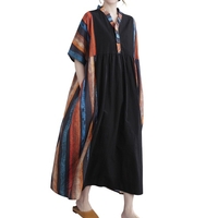 Femmes Vintage col en V coton lin à manches courtes robe ample avec poche