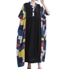 Femmes Vintage col en V coton lin à manches courtes robe ample avec poche