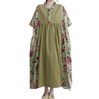 Femmes Vintage col en V coton lin à manches courtes robe ample avec poche