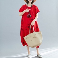 Femmes Vintage Loose Dress manches courtes Dot Imprimer Baggy Plus Size Coton Lin Casual Dress