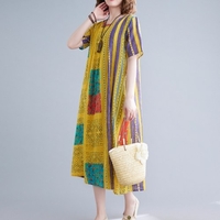 Femmes Vintage Robe Coton Lin Rayure Plaid Imprimer Poches À Manches Courtes Loose Casual Dress