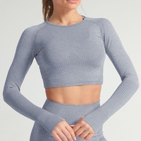 Femmes Yoga Crop Top O Cou Manches Longues Dots Bodycon Extensible Running Gym Sports T-Shirt