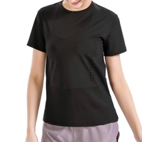 Femmes Yoga T-Shirt O-cou à manches courtes hauts fendu ourlet évider respirant élastique solide lâche course Fitness Gym vêtements de sport