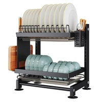 Égouttoir à vaisselle réglable en hauteur à 2 niveaux avec 2 égouttoirs pour évier de cuisine avec porte-ustensiles et support de planche à découper 2 en 1