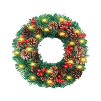 Guirlande de Noël à LED avec guirlande lumineuse Pommes de pin Fruits rouges 12 pouces Joyeux Noël Guirlande suspendue Guirlande artificielle pour porte d