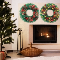 Guirlande de Noël à LED avec guirlande lumineuse Pommes de pin Fruits rouges 16 pouces Joyeux Noël Guirlande suspendue Guirlande artificielle pour porte d
