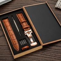 La première couche de montre en cuir de vachette avec boucle papillon à double bouton Bracelet à motif flammé Accessoires de montre Un dropshipping (bracelet moyen 18 mm nouveau style ligne noire blanche (noir) fermoir papillon à double bouton + boî