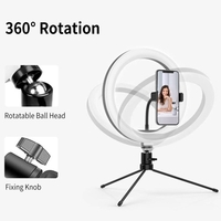 Lampe annulaire de bureau USB 10 pouces avec 3 modes de couleur/10 niveaux de luminosité/alimentation flexible/rotule rotative à 360 °/support de téléphone/trépied