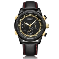 MEGIR Mode Véritable Cuir Hommes Sport Montre 3ATM Étanche Quartz Lumineux Montre-Bracelet Homme Relogio Musculino Chronographe