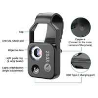 Microscope portable 200X Microscope universel pour téléphone portable avec 6 lumières LED Luminosité réglable à 2 niveaux Pas besoin d