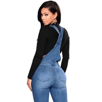 Mode Femmes Denim Salopettes Ripped Stretch Dungarees Taille Haute Jeans Long Crayon Pants Barboteuses Jumpsuit Bleu