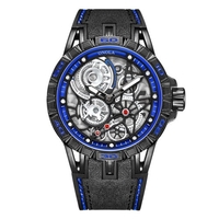 Montre à quartz pour homme avec bracelet en cuir 3ATM Montre-bracelet de conception évidée pour hommes et garçons