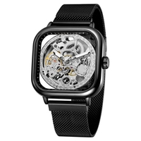 Montre pour homme carrée mécanique en acier inoxydable squelette étanche automatique cadran à remontage automatique affichage lumineux montre-bracelet
