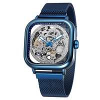 Montre pour homme carrée mécanique en acier inoxydable squelette étanche automatique cadran à remontage automatique affichage lumineux montre-bracelet