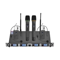 Muslady D4-4 Professional Système de microphone sans fil UHF à 4 canaux Comprend 2 micros de casque avec émetteurs Bodypack + 2 microphones portables + 1 récepteur de montage en rack pour les réunions d