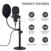 Muslady Microphone à condensateur USB de bureau professionnel avec tête plate Fonction de surveillance du taux d