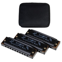 NAOMI 3pcs Hoodoo Blues Harmonicas C,  D,  G Harmonica Key Set 10 trous avec étui de transport à fermeture éclair
