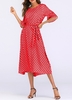 New Vintage Polka Dot Imprimer Loose Dress O cou cravate taille évasée demi-manches plage bohème longue robe
