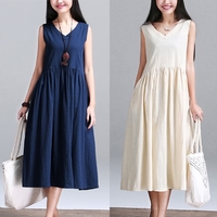 New Vintage Women Coton Linge V Neck Sans manches Loose Dress Ruched Waist Relaxed Cami Tank Dress Dark Blue / White