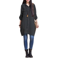 Nouveau Femmes Coton Lin longue Blouse irrégulière Hem Boutons en vrac Casual Vintage Top Robe chemise blanche / pourpre / bleu foncé