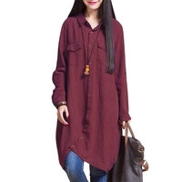 Nouveau Femmes Coton Lin longue Blouse irrégulière Hem Boutons en vrac Casual Vintage Top Robe chemise blanche / pourpre / bleu foncé