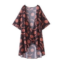 Nouveau Femmes en mousseline de soie Kimono Imprimer ourlet asymétrique lâche Cardigan Blouse Hauts Maillots de bain Bikini Cover Up Rouge